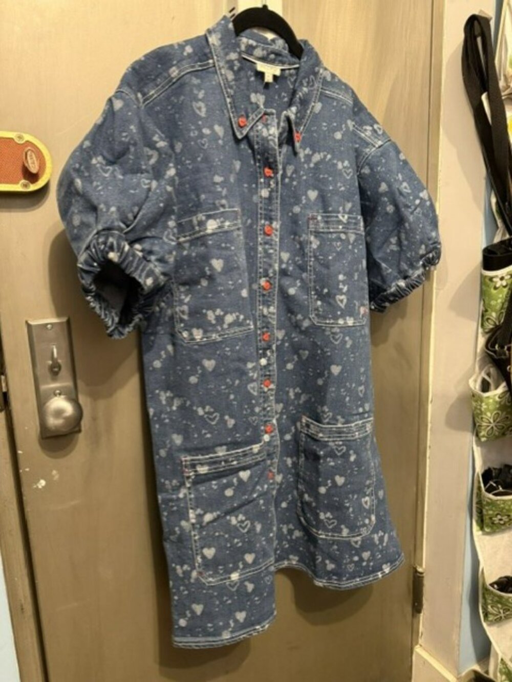 Pilcro Heart Print Denim Button-down Shift Mini Dress with Puff Sleeves - Picture 10 of 16